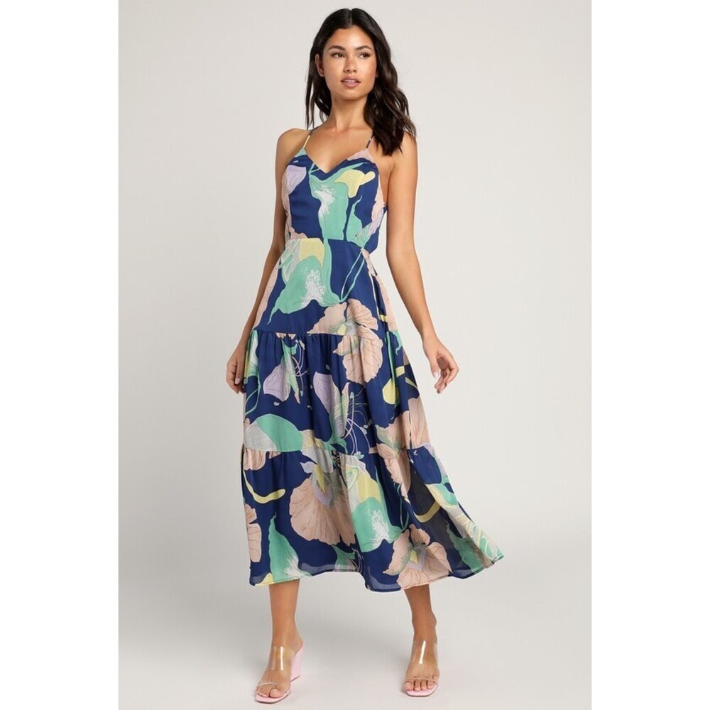 Lulus Hours Of Flowers Blue Multi Floral Lace-up Tiered Midi Dress - Size M